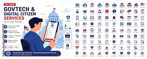 Govtech icons, digital citizen services symbols, government technology logos, 40 icons set