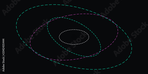 Abstract cosmic orbits with dashed elliptical rings circling central dark sphere gravity.