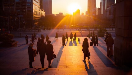 Dramatic sunset scene of multiple pedestrian silhouettes walking through a grand urban plaza with steps, intense golden sun rays bursting between tall city buildings, creating long dark shadows.