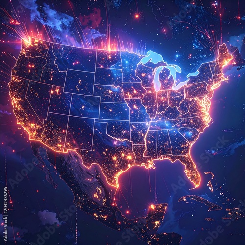 Illuminated map of the USA