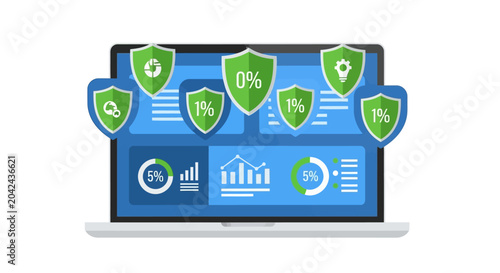 Cybersecurity Data Protection Dashboard on Laptop Screen with Shield Icons and Analytics Charts