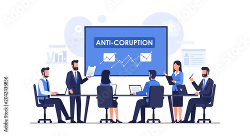 Corporate Business Team Meeting for Anti-Corruption Strategy and Ethics Compliance Presentation Illustration