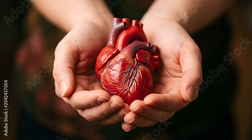 Hands holding a realistic anatomical human heart, symbolizing medical care and cardiology
