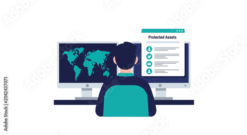Cyber Security Expert Monitoring Global Data and Protected Assets on Computer Screens, Information Technology Concept