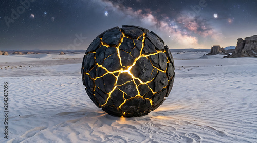 Glowing black lava ball in desert landscape