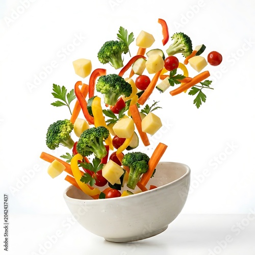 Fresh vegetables and potato cubes flying into a bowl isolated on white background