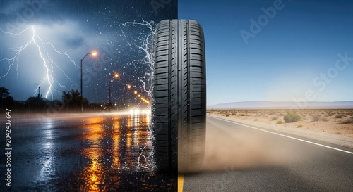 Bold split-scene composite of car tire standing between stormy rainy night road with lightning and dry sunny desert highway, all-season performance tire durability concept, horizontal