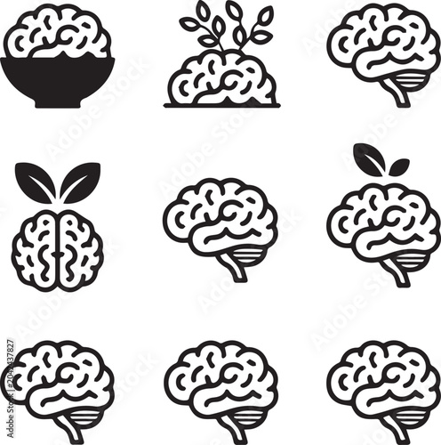 Brain and plant hybrid icons set Vector