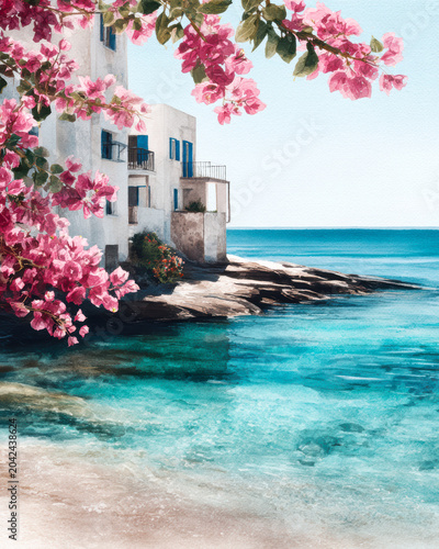 Mediterranean Coastal Watercolor – AI Generative