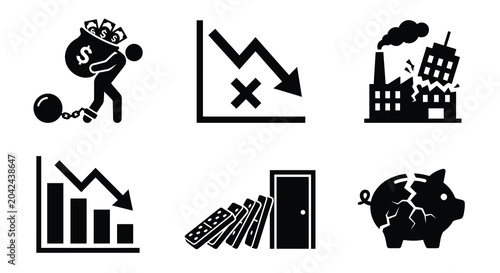 Photos Economic downturn icons debt recession factory closure and financial crisis silh
