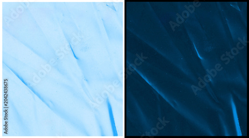 Tableau sur toile Crumpled blue plastic texture background, set of two abstract polyethylene film
