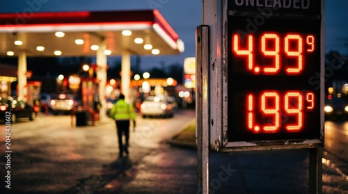 Gas station price sign showing fuel costs at night