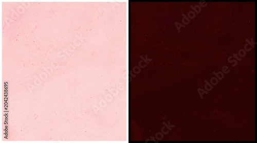Minimalist split screen background with pastel pink and dark burgundy colors, dual tone textured paper surface, abstract two color layout for graphic design