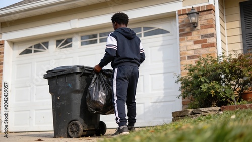 Child taking out household trash beside residential home demonstrating responsibility daily chore waste disposal routine neighborhood living garbage collection day young person carrying black trash 