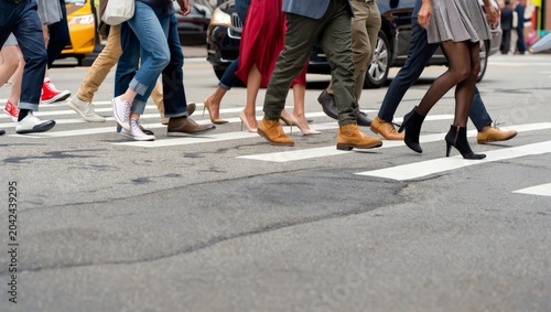 Foto Low angle ground-level view of multiple pedestrians crossing a city zebra crossing, showing varied footwear including heels, sneakers and dress shoes on white stripe markings