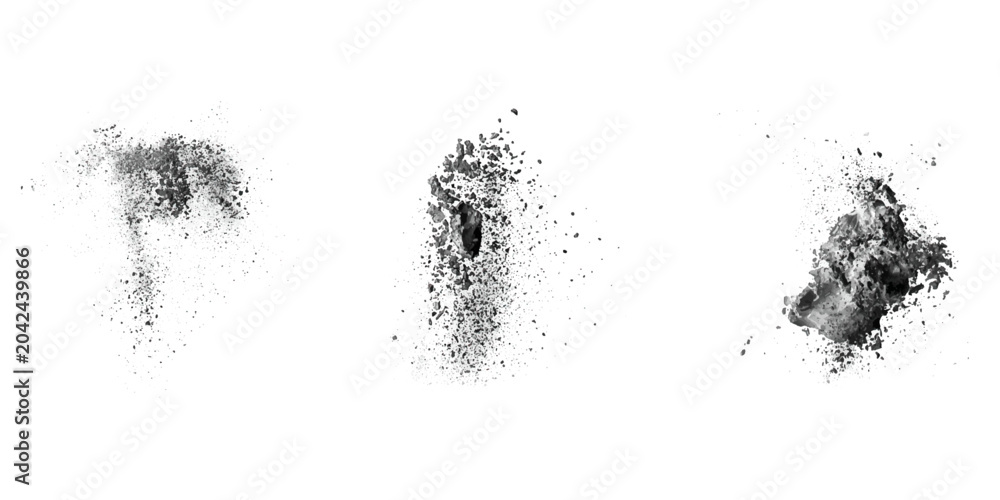 Fototapeta premium Black charcoal dust, gunpowder isolated on white background and texture, Close up Dust of black carbon charcoal on white background , photo object design. top view