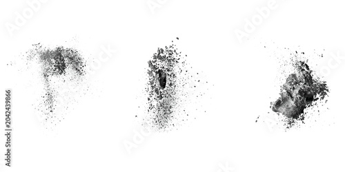 Photos Black charcoal dust, gunpowder isolated on white background and texture, Close up Dust of black carbon charcoal  on white background , photo object design