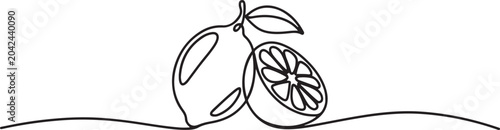 фотографія Single continuous line drawing of whole and sliced healthy organic lemon for orchard logo identity