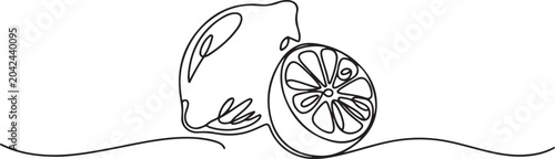 Foto Single continuous line drawing of whole and sliced healthy organic lemon for orchard logo identity