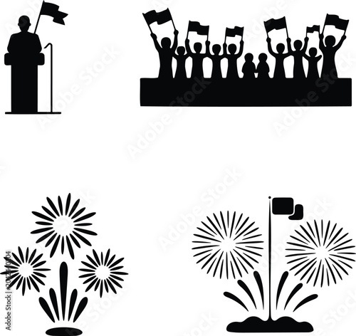 People Holding Flags and Celebrating with Fireworks Featuring Crowd, Protest, Demonstration with Silhouette and Black Elements for White, Vector