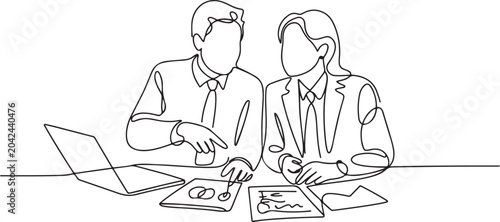 Fotografie Single continuous line drawing of young couple male and female employees discussing new strategy plan to write annual report