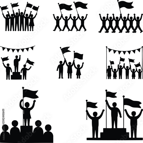 People Holding National Flags Silhouettes on Parade Background, Black Vector Style Figures with Bunting and Bunner Signs