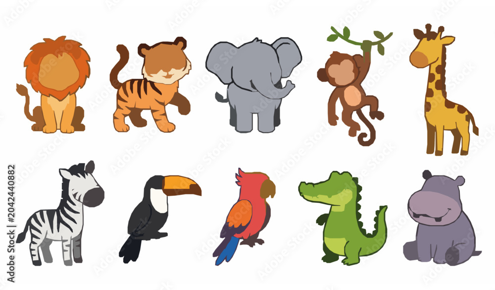 Fototapeta premium Cute Cartoon Wild Animals Colorful Vector Character Collection