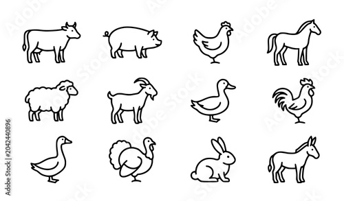 Photography Farm Animals Outline Vector Icon Collection Design Set