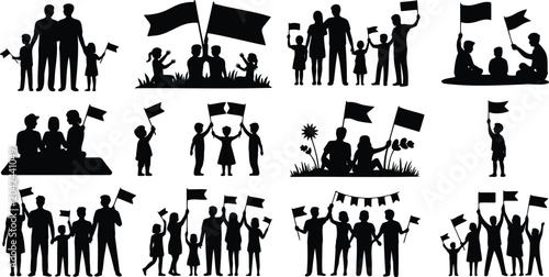 Bilde på lerret Protesters Silhouettes Holding Flags and Signs in Black Vector Style for Politic