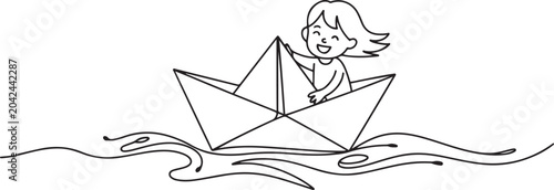 Foto cute little girl sailing on paper boat