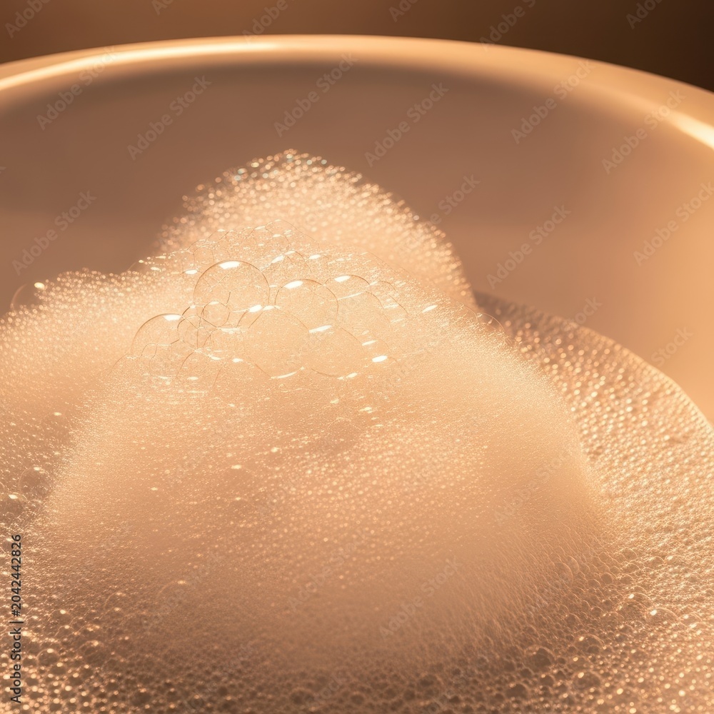 Fototapeta premium A luxurious bathtub filled completely with thick, fluffy white soap foam and countless shimmering iridescent bubbles floating in the warm light, sanitation, refreshment, airy