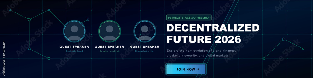 Fototapeta premium Decentralized future fintech and crypto webinar banner with network nodes
