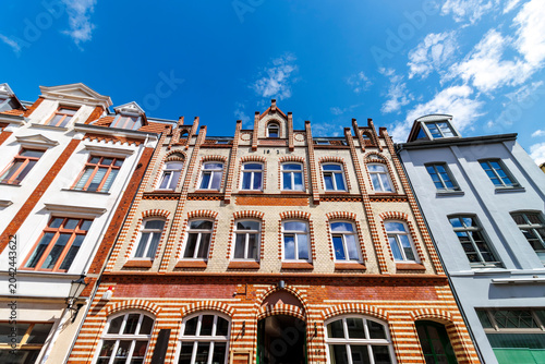 Facades of colorful houses in the historic center of Wismar, Mecklenburg, Germany, Europe