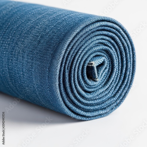 Close-up view of tightly rolled blue denim fabric bundle, showing weave texture and clean edge. Ideal background for textile crafts and sewing, denim, apparel, blue
