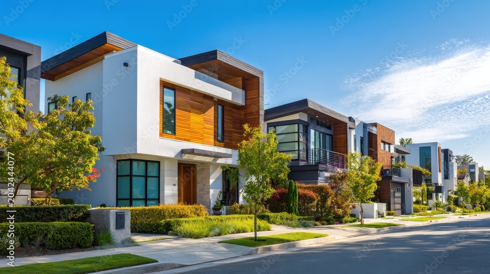 Fototapeta premium Row of modern luxury suburban houses with contemporary architectural design and wood paneling under a blue sky