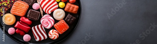 Overhead of vibrant assorted candies and chocolates on black plate. Sweet confectionery mix with dark textured background, ample copy space for treats concept., Sweets, Dessert