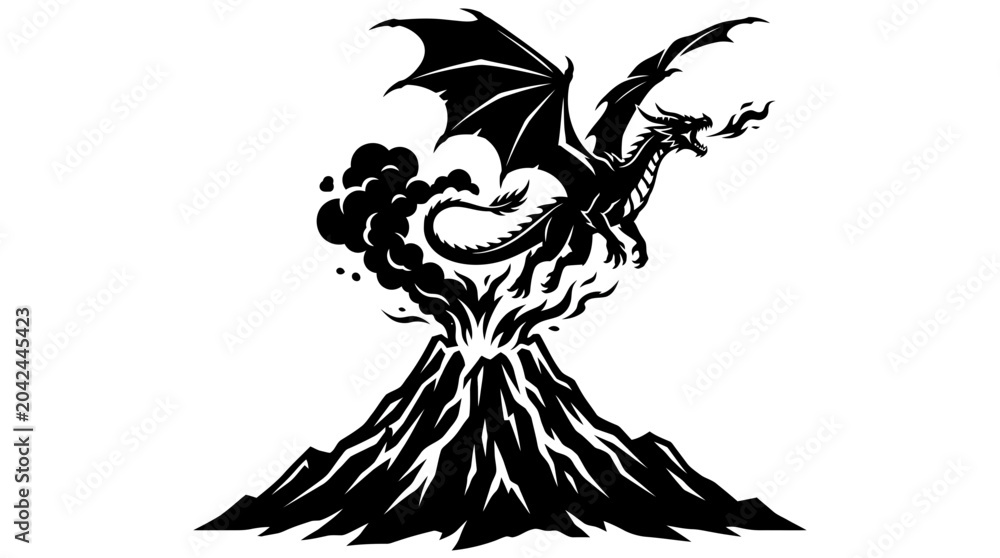 Fototapeta premium Dragon Emerging from Volcano Eruption Fire.