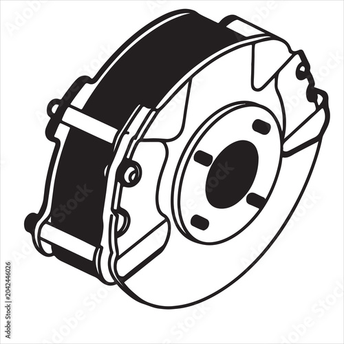 Fotografie Clean vector line art of a large performance brake caliper mounted on a ventilated rotor