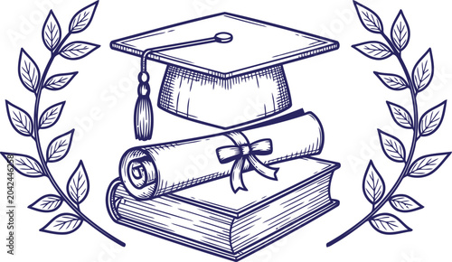 Tableau sur toile Graduation illustration with cap, diploma, and books surrounded by leaves