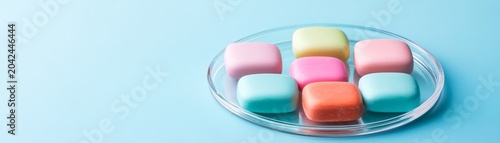 Seven vibrant pastel rectangular bars neatly arranged in a clear oval dish on a serene light blue backdrop, conveying variety, freshness and clean simplicity., colorful, minimal