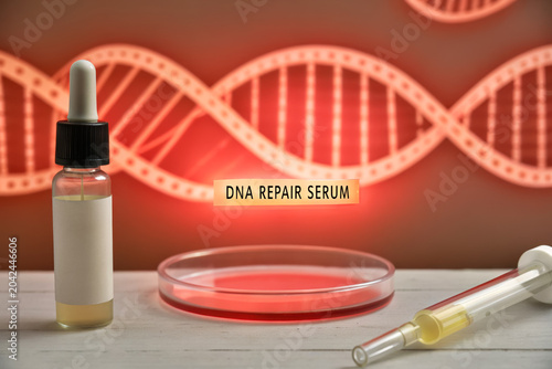 DNA Repair Serum dropper bottle, petri dish and syringe on lab bench with glowing DNA model, synthetic biology for skincare innovation.