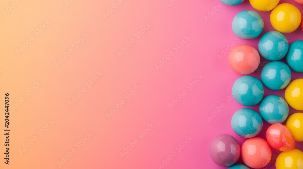 Obraz premium Top view Glossy pastel Easter eggs (turquoise, yellow, pink) neatly line a vibrant peach-pink gradient background. Minimalist border, copy space, festive spring concept. Easter, Pastel