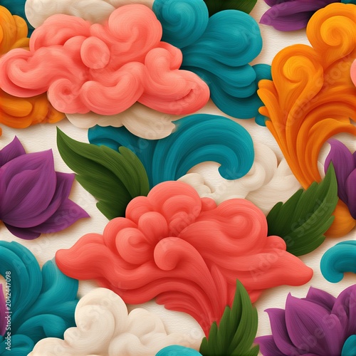 Vibrant abstract floral patterns featuring swirling petals and lush green leaves in coral, teal, orange, purple, and cream tones.