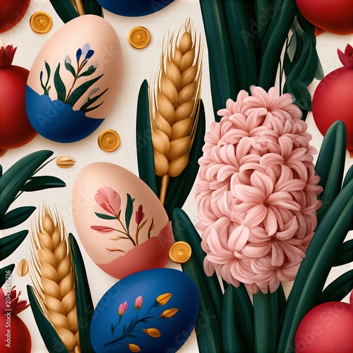 Decorative Easter eggs with floral designs are arranged alongside pink hyacinth flowers and wheat stalks, creating a vibrant spring-themed composition.