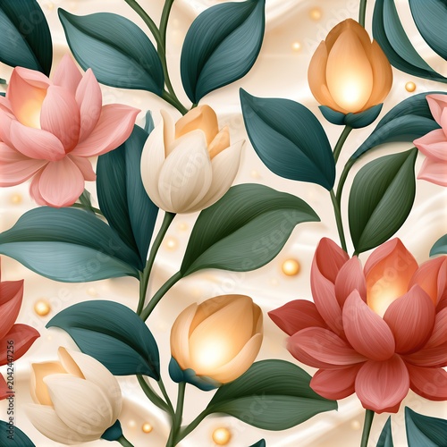 Elegant digital artwork featuring blooming lotus flowers with lush green leaves and glowing golden buds on a soft, creamy textured background.