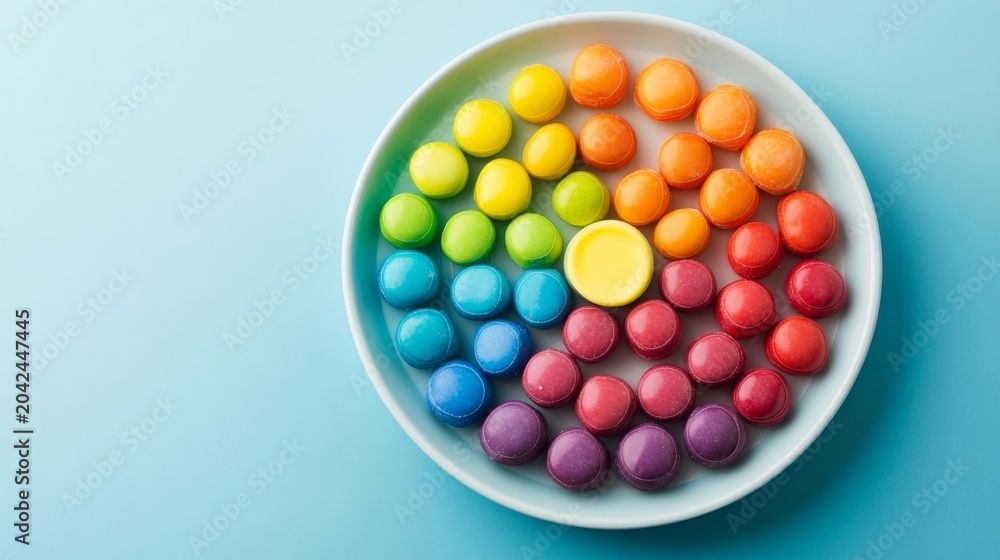 Obraz premium Top-down Vibrant rainbow candies in a circular gradient on a white plate, centered by yellow, on blue. A sweet, ordered color spectrum. ,confectionery ,harmony