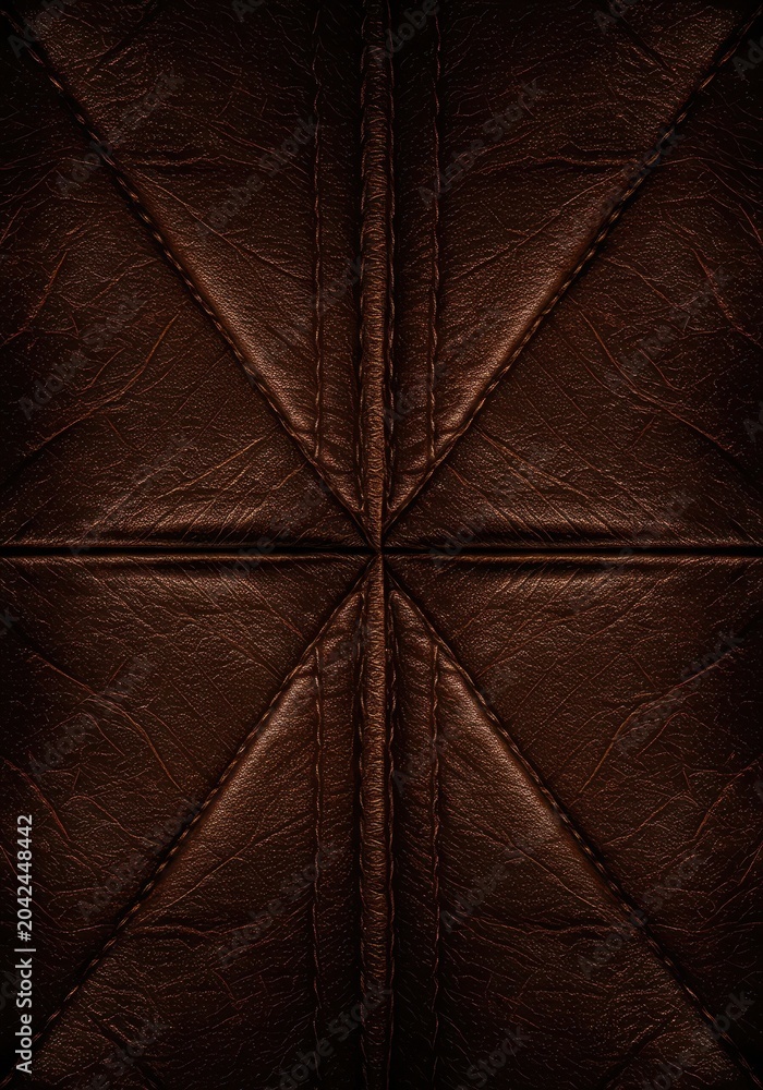 Naklejka premium Deep brown abstract leather surface featuring precise symmetry and detailed stitching, ideal for elegant backgrounds, deep, geometric, design