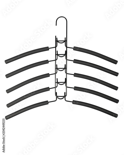 Black Metal Multi-Tiered 5-in-1 Space-Saving Hanger — Ergonomic Vertical Clothing Organizer with Hooks and Shoulder Hangers (Isolated on White)