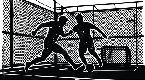 Bilde på lerret Dynamic vector illustration graphic of two soccer players in black silhouette battling for a ball on a court
