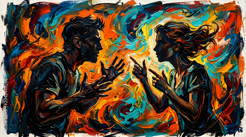 Abstract oil painting of a man and a woman in a heated argument, expressive brushstrokes depicting conflict, tension, and emotional confrontation